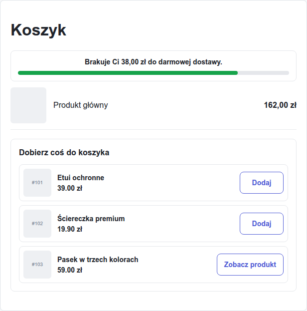 Pasek darmowej dostawy i produkty do dokupienia w koszyku